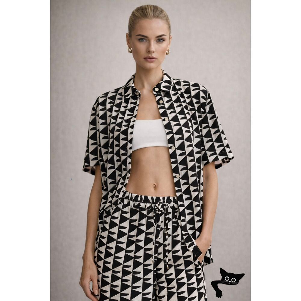 Matteau Cream Brown Geometric Silk Button Front Shirt US 10